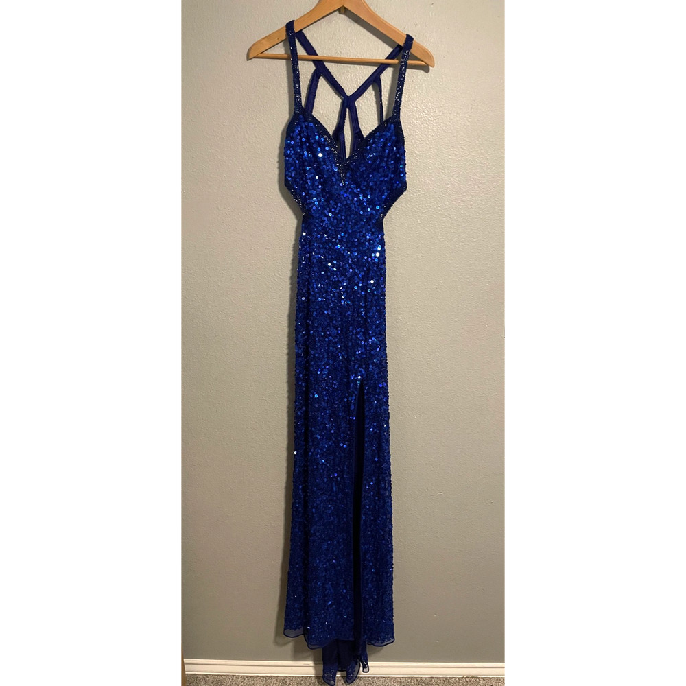 Primavera Gown Womens Size 8 Blue Sequin Strappy Formal Prom Evening Y2K FLAW
